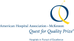 A logo of a blue circle with a curved yellow line and the words American Hospitality Association - McKesson Quest for Quality Prize.