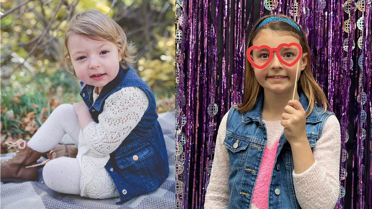 On the left is a photo of a little girl who is around 3 sitting on a blanket in a jean vest with a white sweater. On the right is the same little girl at age 9 in a white and pink sweater with a denim vest. She has heart shaped glasses over her eyes and is in front of a shiny purple background.