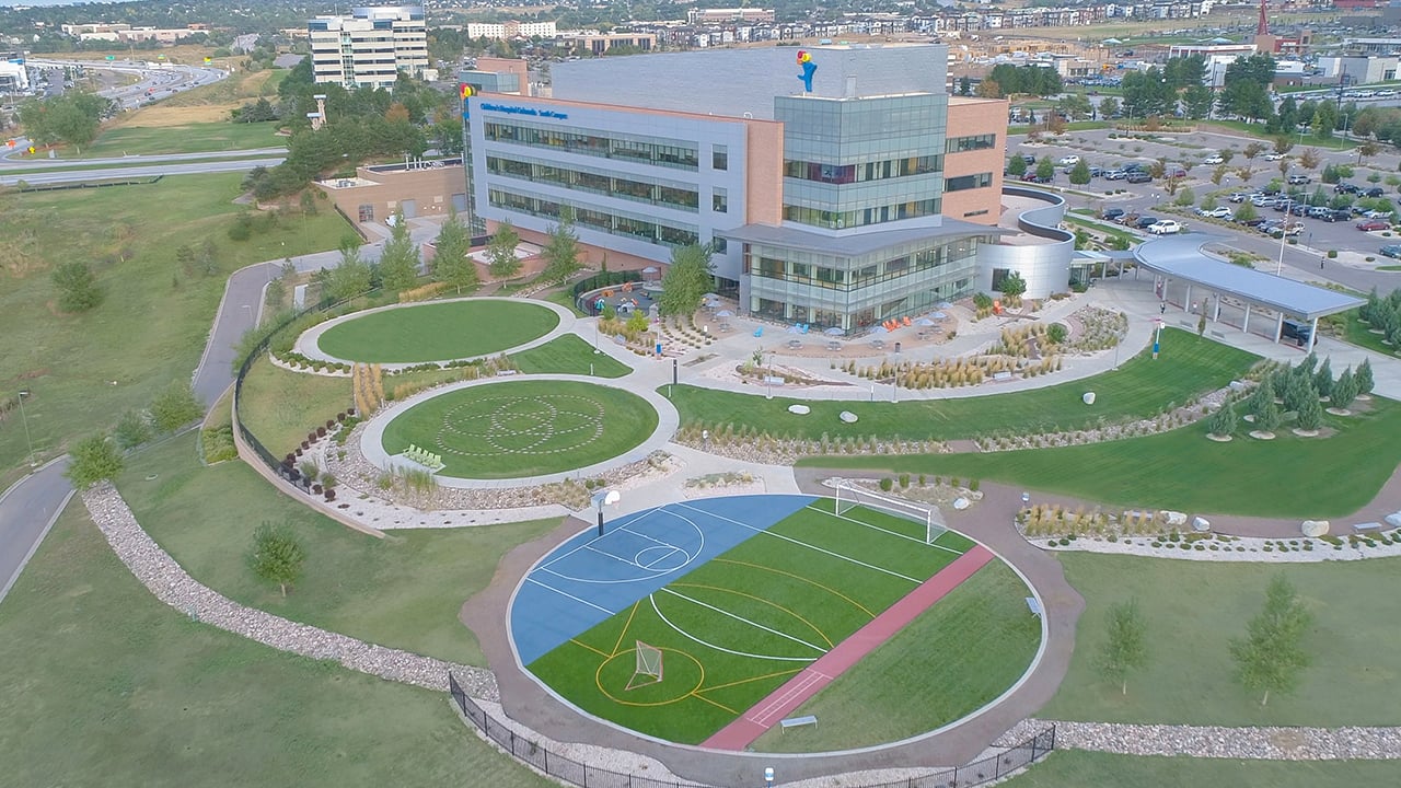 Aerial view of the Sports Therapy Field at Children's Colorado's South Campus in Highlands Ranch