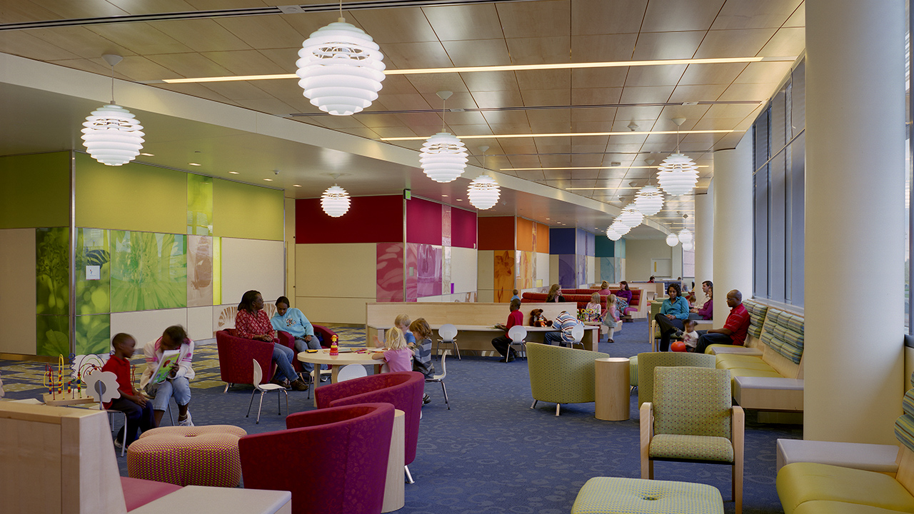 Patients and families waiting in outpatient appointment area