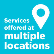 A teal background with white lettering of a location icon and the words "Services offered at multiple locations".