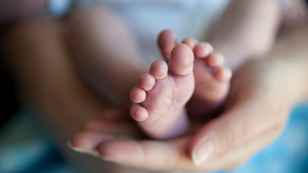 A close-up of a baby's feet being held by a woman's hand.