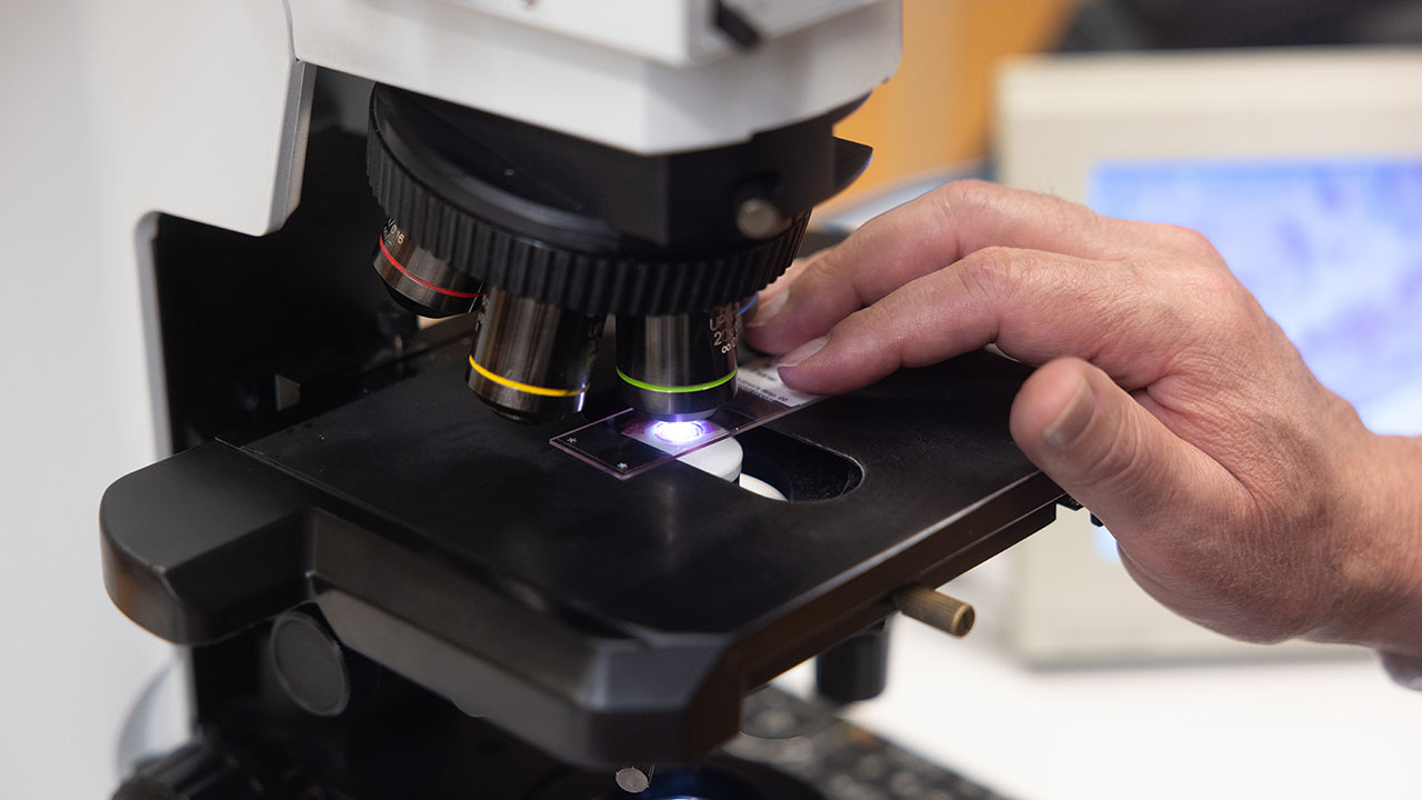 A hand places a slide under a black microscope