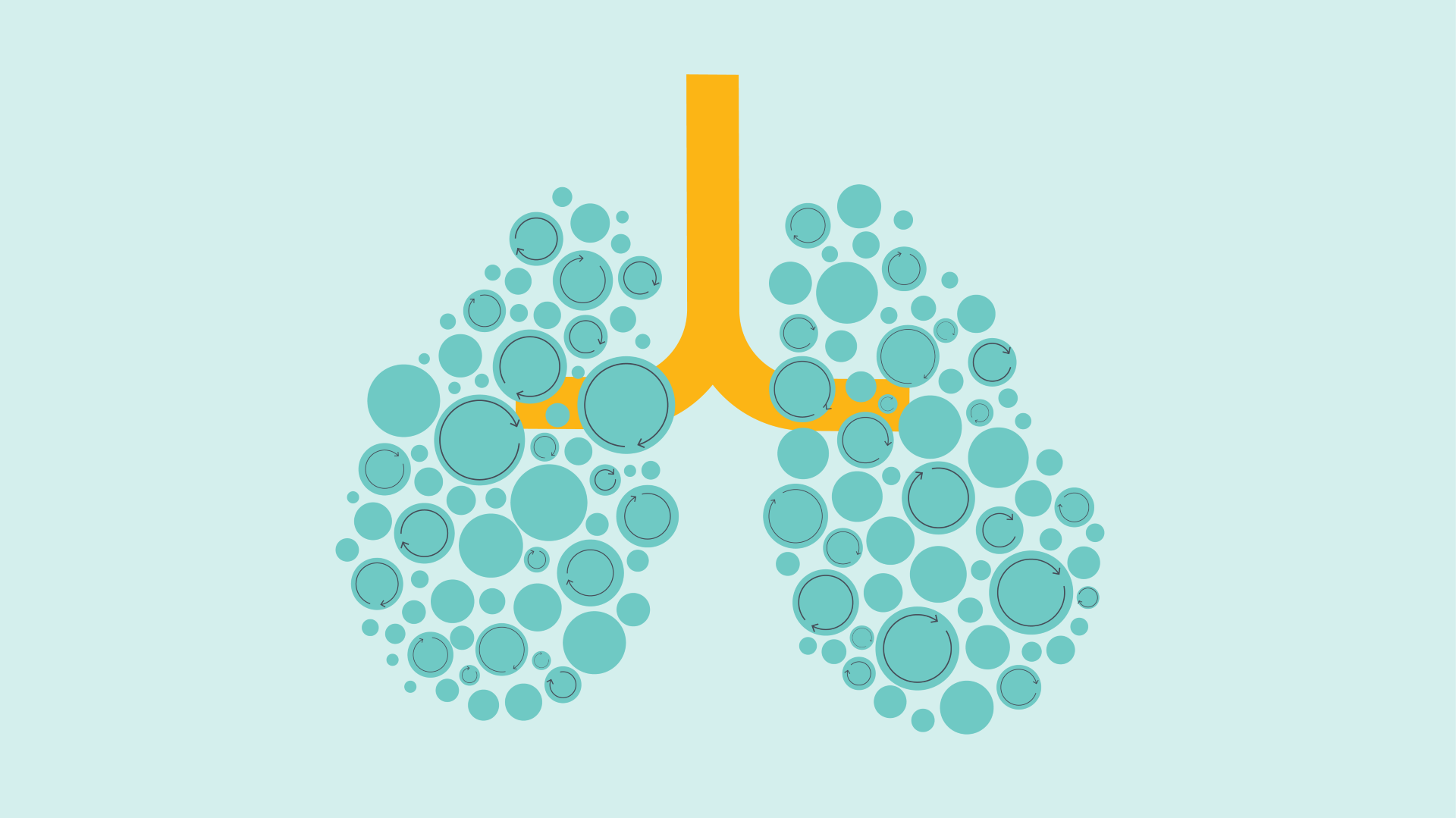 Illustration of lungs with airways represented in yellow and circular bubbles in various sizes symbolizing mucus buildup, common in conditions like cystic fibrosis.