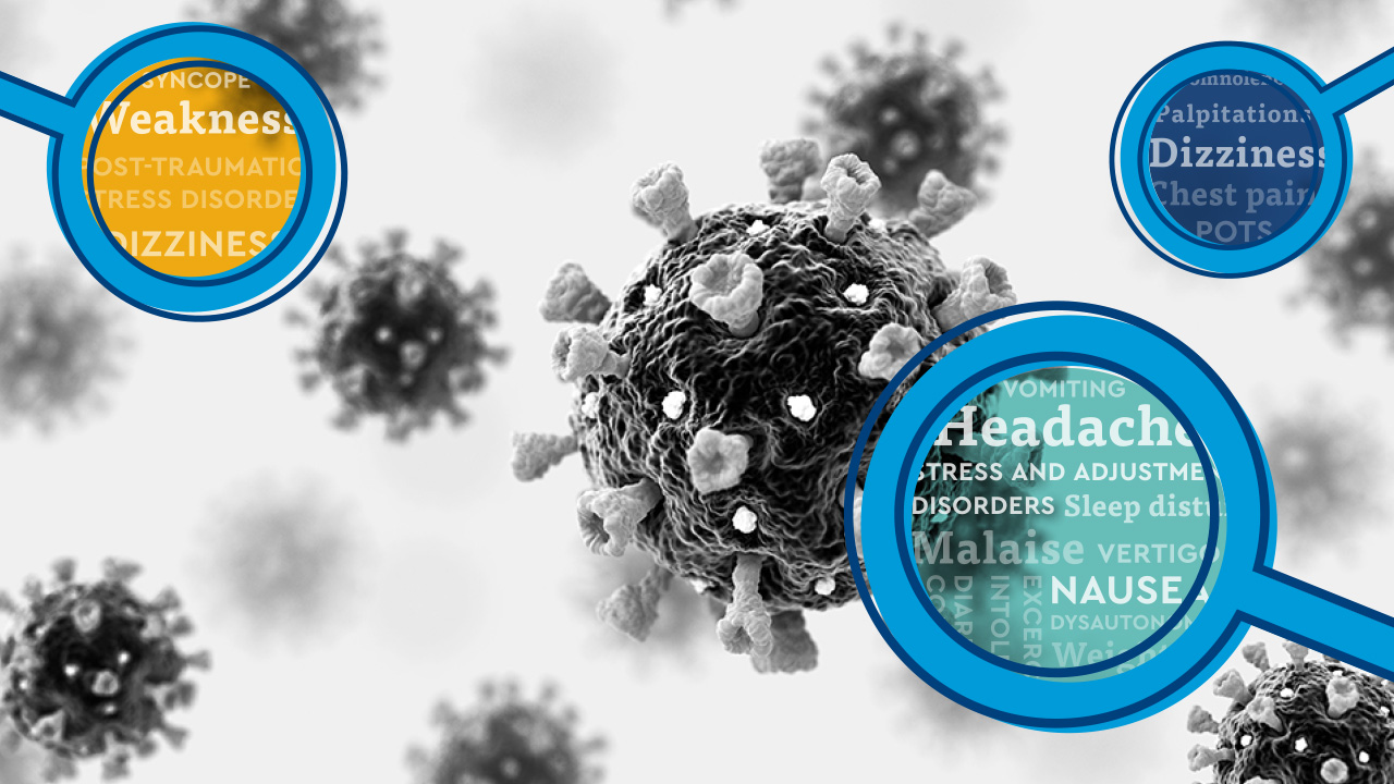 An image of the virus that causes COVID-19 is show in black and white with blue and yellow magnifying glasses over top. Inside the magnifying glasses are words that explain symptoms of long COVID, such as headache, nausea, vertigo and sleep disorders. 