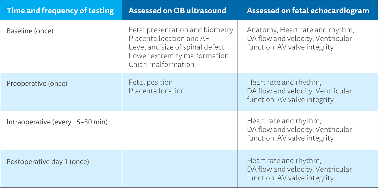 A table outlining the time and frequency of testing, what is assessed on the OB ultrasound, and what is assessed on a fetal echocardiogram.