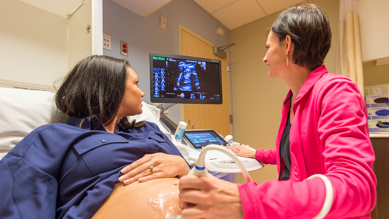 Provider performs an ultrasound on a patient while they both look at the ultrasound results on a screen.