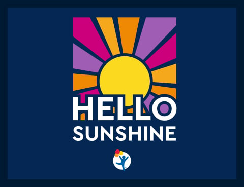 Brightly colored graphic illustration of a sunrise that reads, "Hello sunshine."